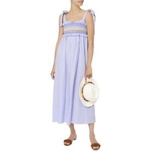 PETERSYN Hathaway Striped Maxi Dress Size Medium-‎ Blue Poplin Smocked